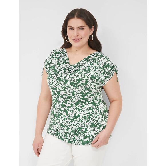 Lane Bryant Size 22 24 Floral Print Drawcord Cap Sleeve Drape Neck Top Green - Picture 1 of 8